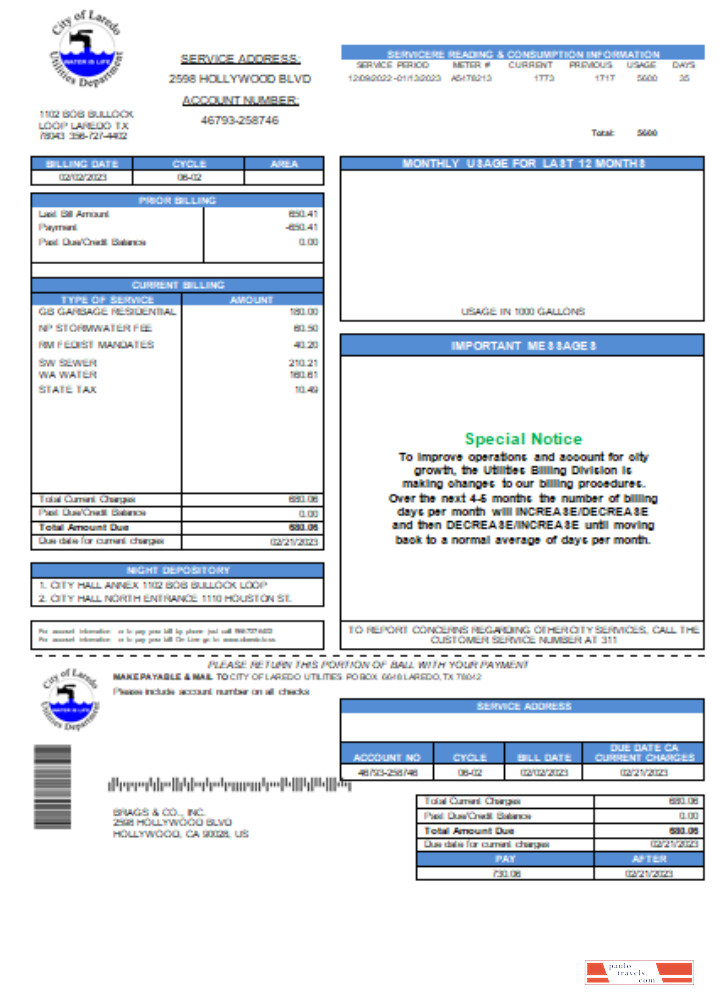 City of Laredo Utilities Department water utility business bill, SCR PSD template